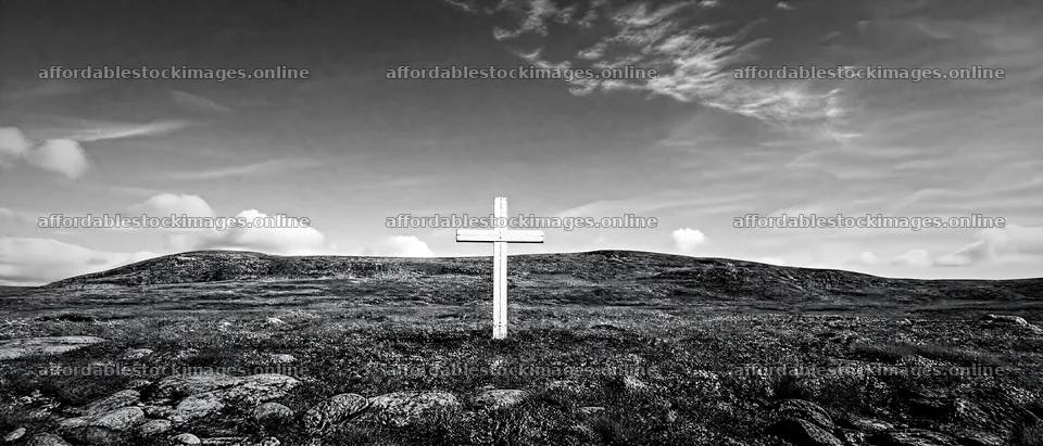 White Christian cross in wildflower meadow under cloudy sky – stock images 12124x5196