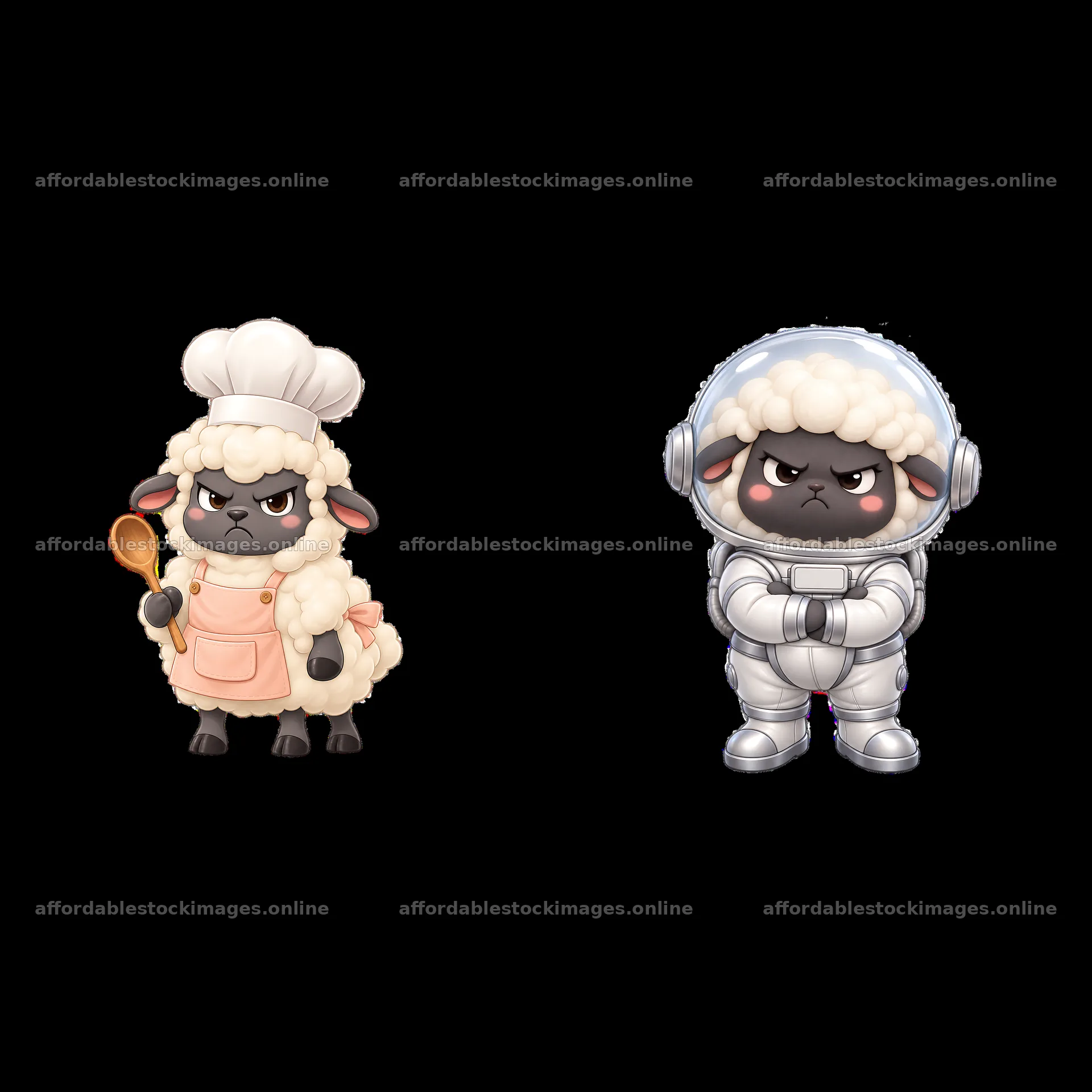 Grumpy sheep characters in chef and astronaut costumes – stock images 7746x7746