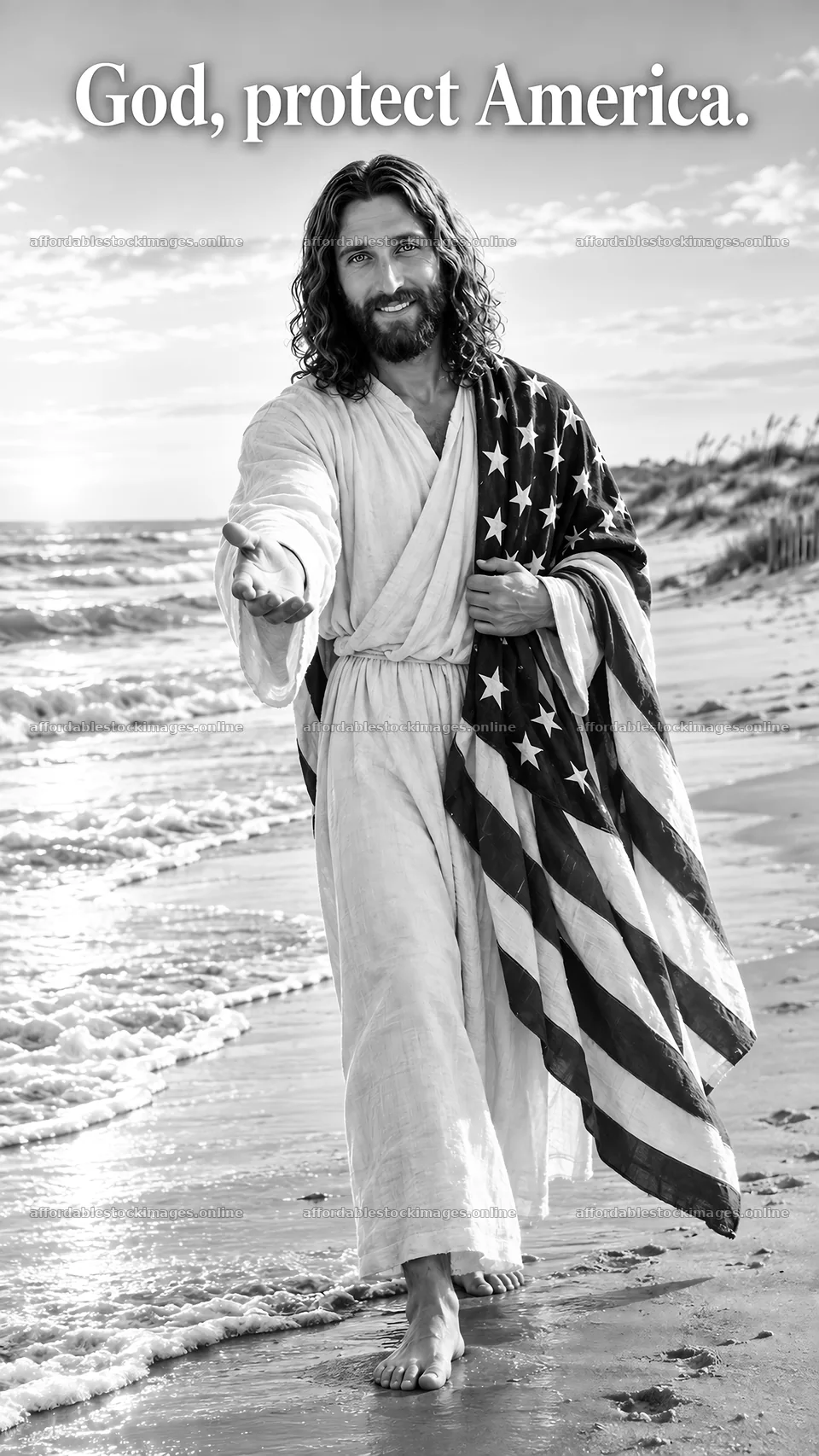 Jesus Christ walking on the beach with an American flag – stock images 5811x10326