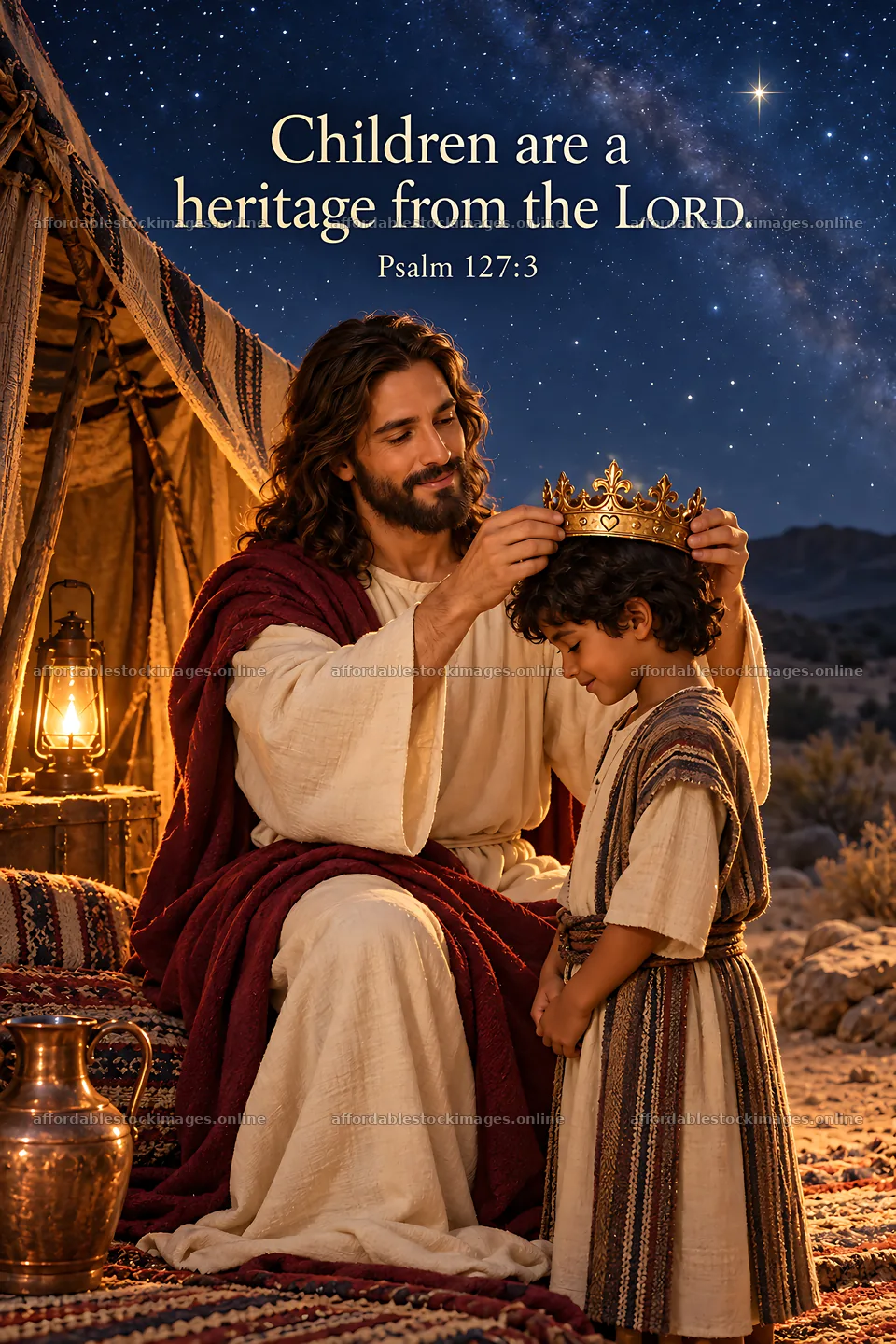 Child receiving crown under starry night sky – stock images 6480x9722