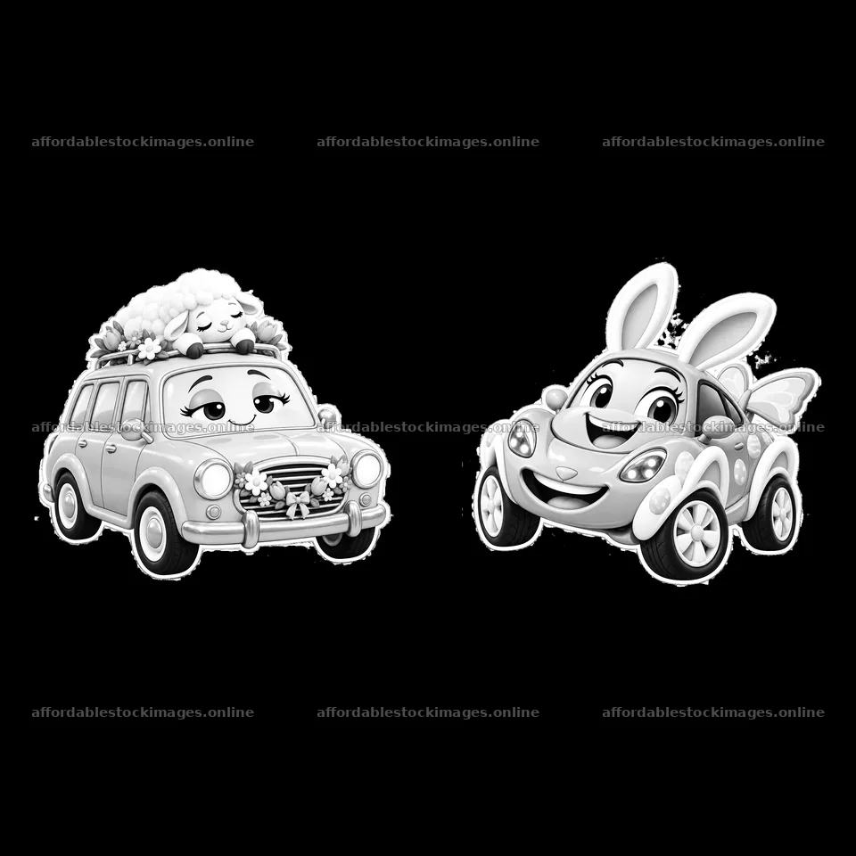 Easter-themed cartoon cars with bunny and sheep decorations – stock images 7746x7746