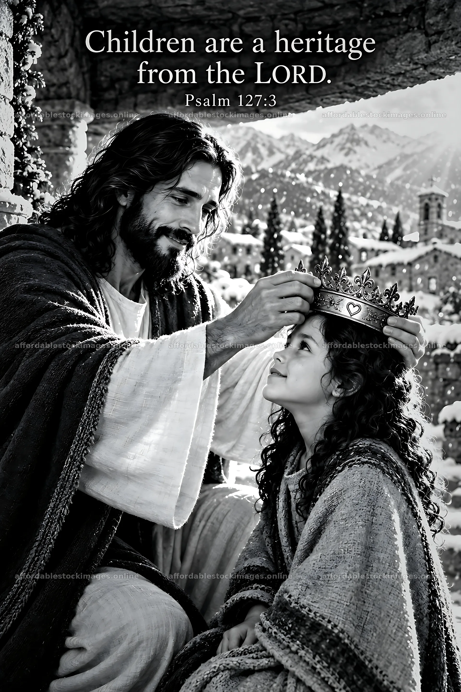Jesus Christ placing a crown on a child's head – stock images 6480x9722