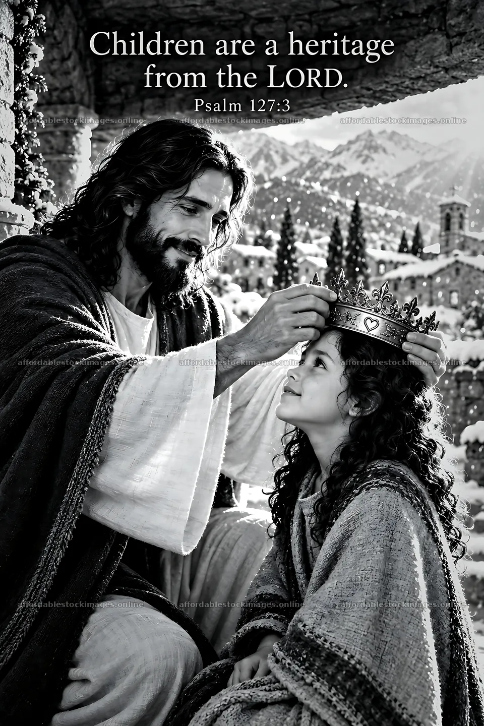 Jesus Christ placing a crown on a child's head – stock images 6480x9722