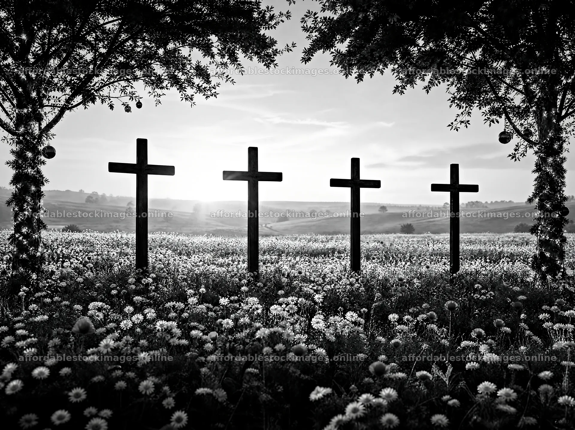 Christian crosses on rolling meadow under sunrise – stock images 9172x6868
