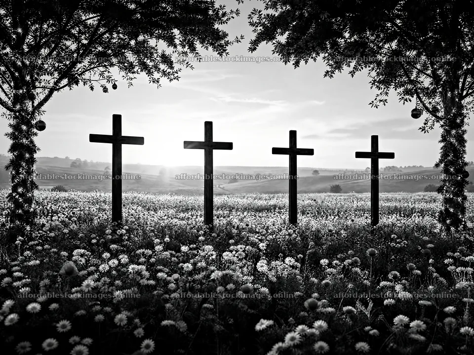 Christian crosses on rolling meadow under sunrise – stock images 9172x6868