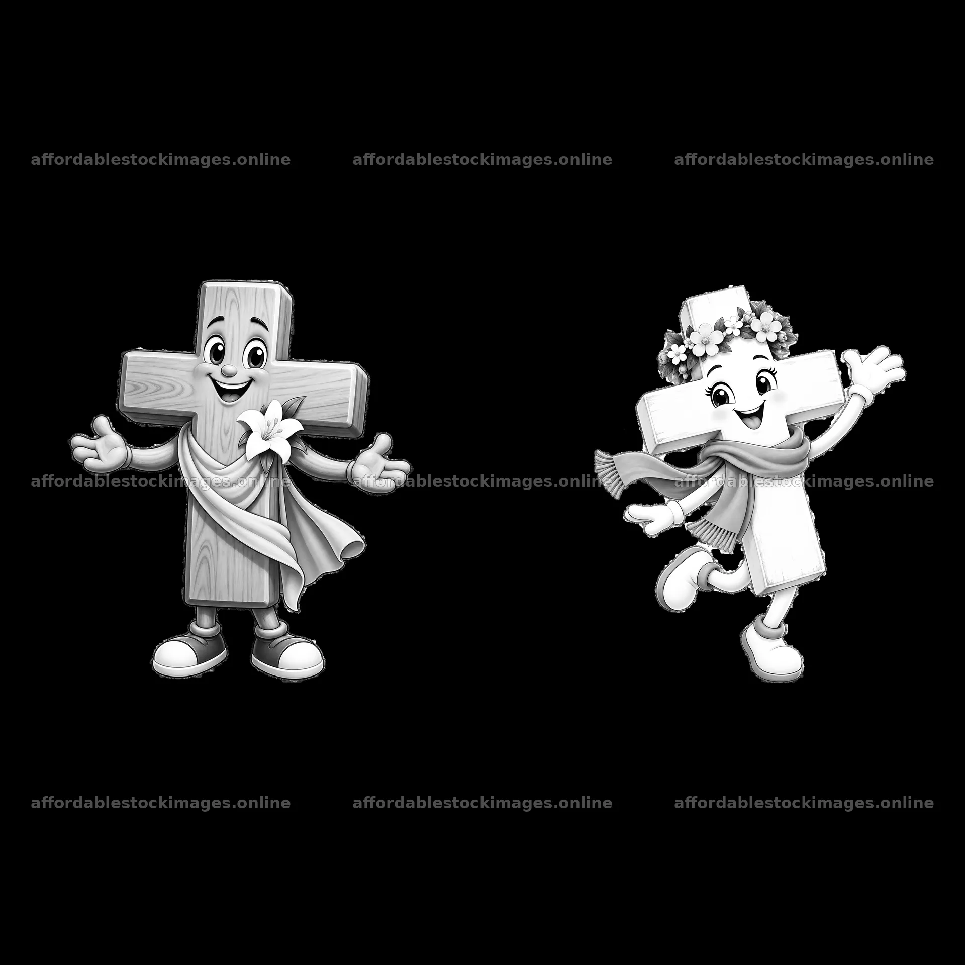 Easter cross characters celebrating with smiles and flowers – stock images 7746x7746