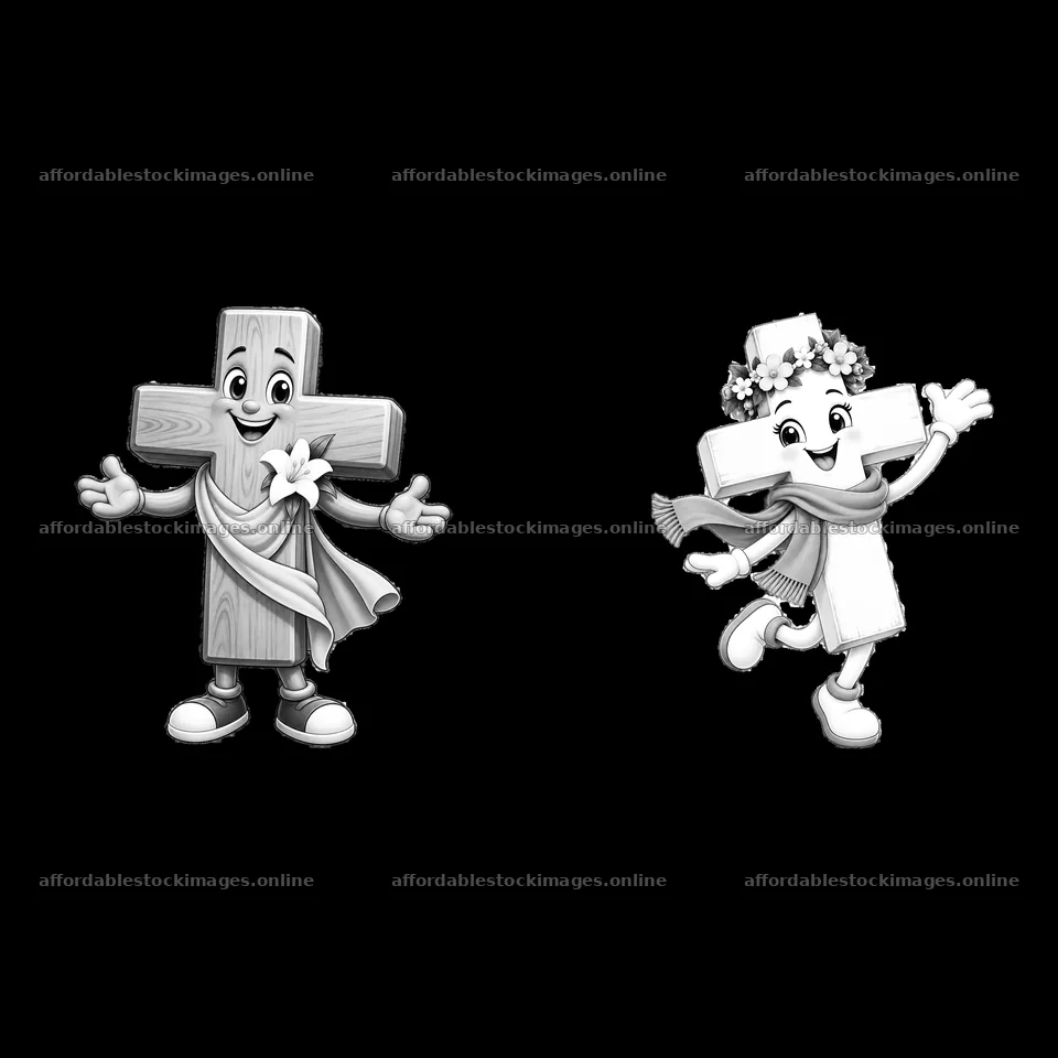 Easter cross characters celebrating with smiles and flowers – stock images 7746x7746