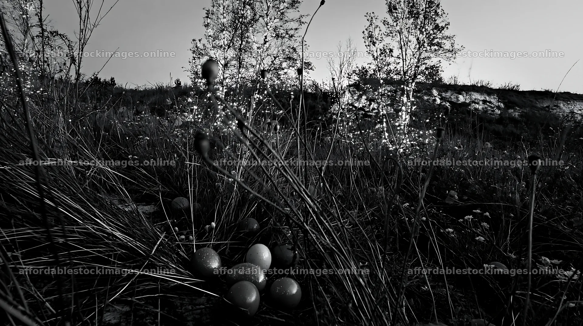 Open Christmas meadow poppy stems with lights shine at dusk – stock images 10608x5938