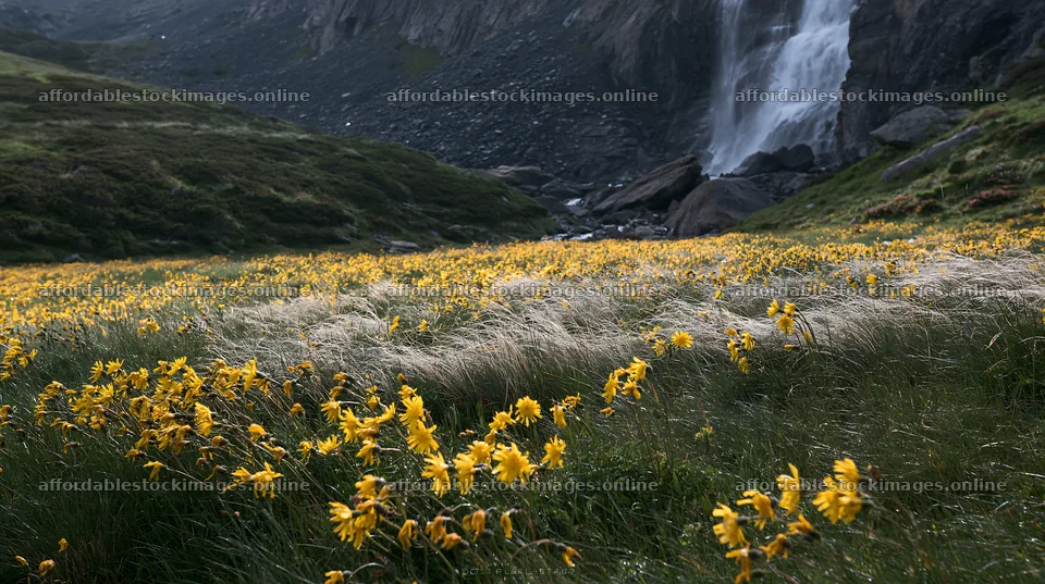 Flowering meadow with yellow blooms near mountain falls – stock images 10608x5938
