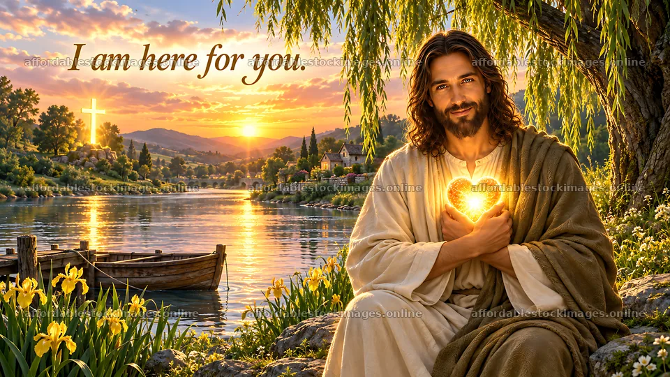 Jesus holding light near river at sunset – stock images 10580x5954