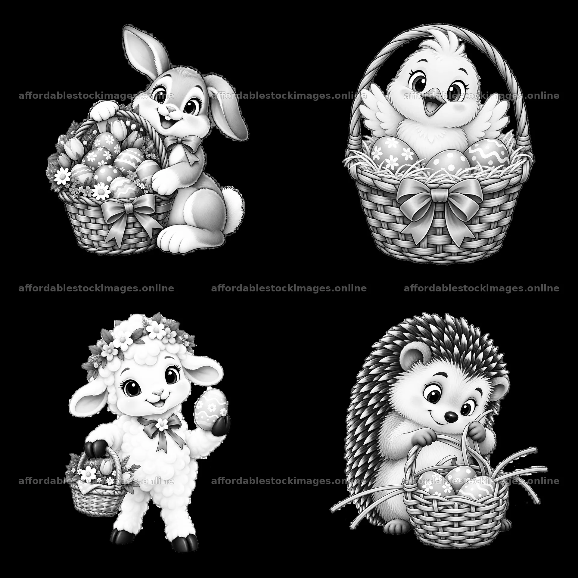 Easter basket with bunny, chick, lamb, and hedgehog characters – stock images 7746x7746
