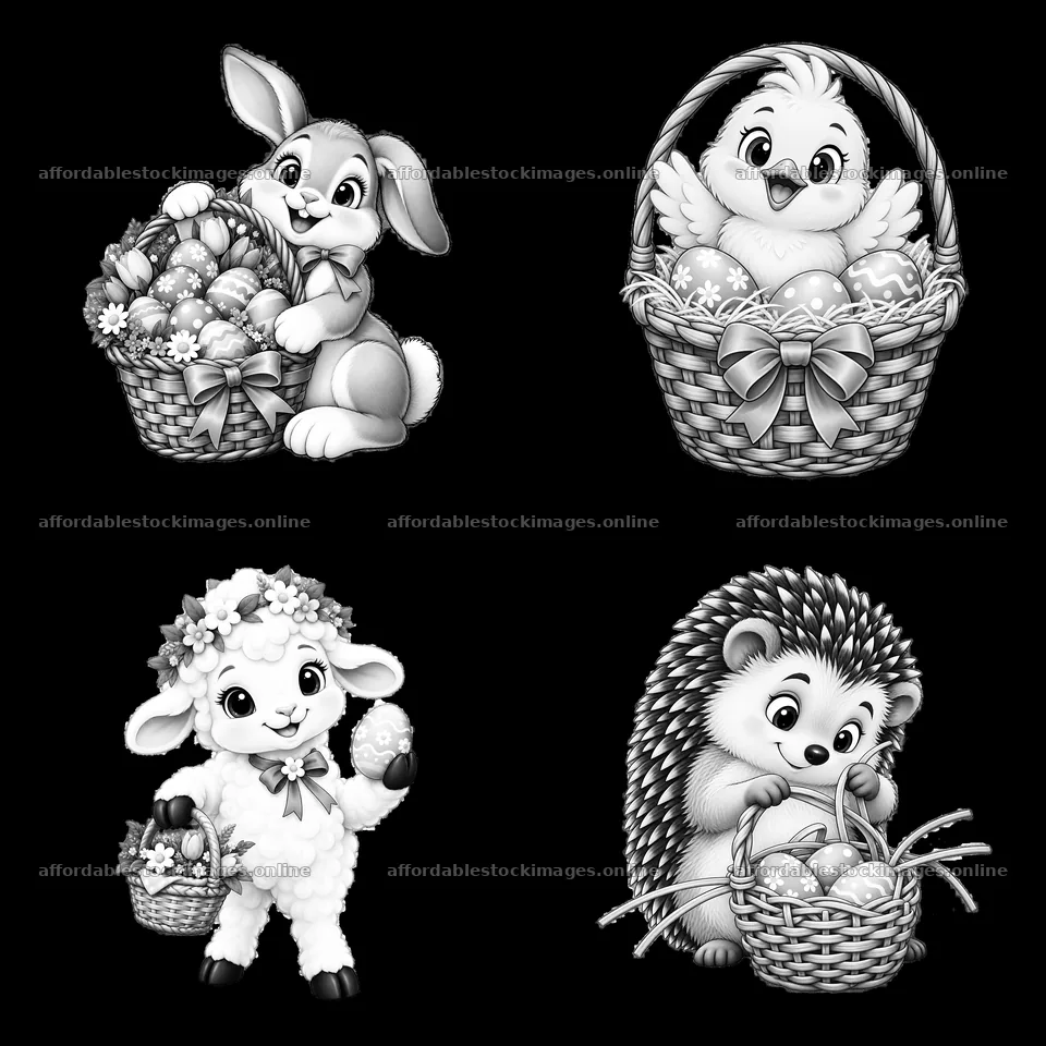 Easter basket with bunny, chick, lamb, and hedgehog characters – stock images 7746x7746