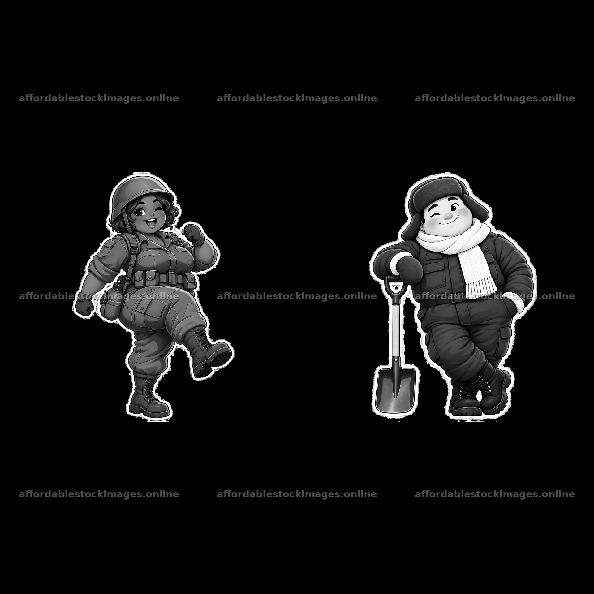 Chubby soldier characters in winter gear with shovel and smile – stock images 7746x7746