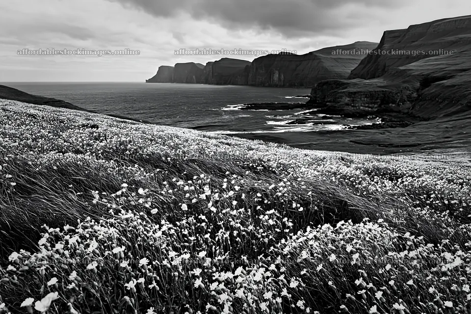 Meadow with flowers near a rolling valley and coastline – stock images 9722x6480