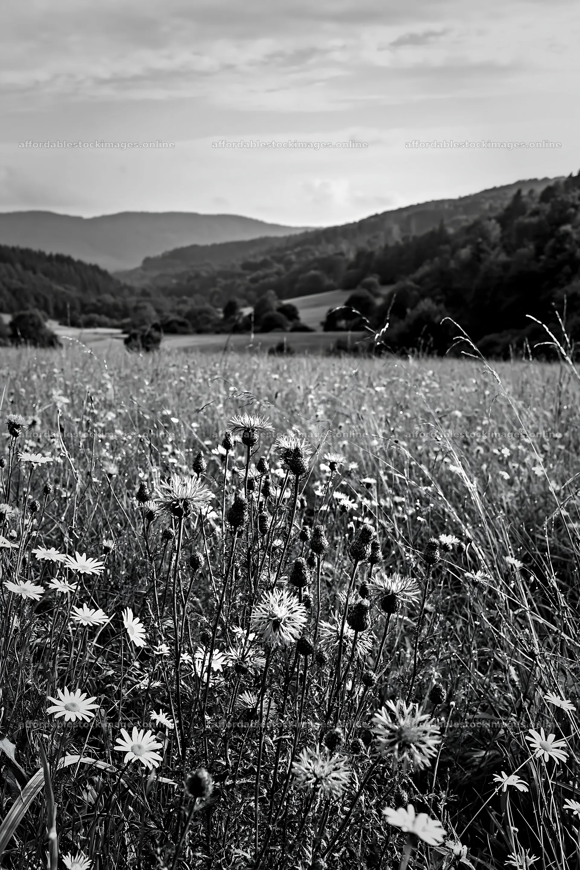 German foothill meadow with wildflowers in black and white – stock images 6480x9722