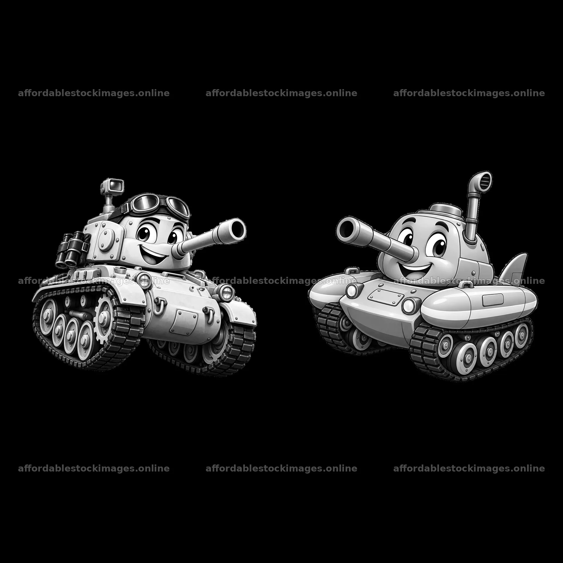 Tank cartoon characters smiling with cannons and accessories – stock images 7746x7746