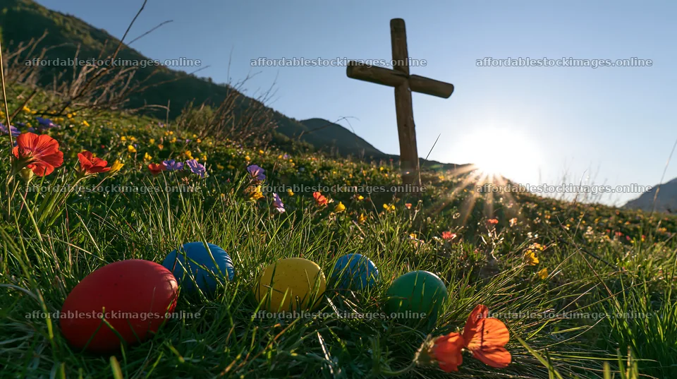 Christian cross in summer meadow with colored eggs – stock images 10608x5938