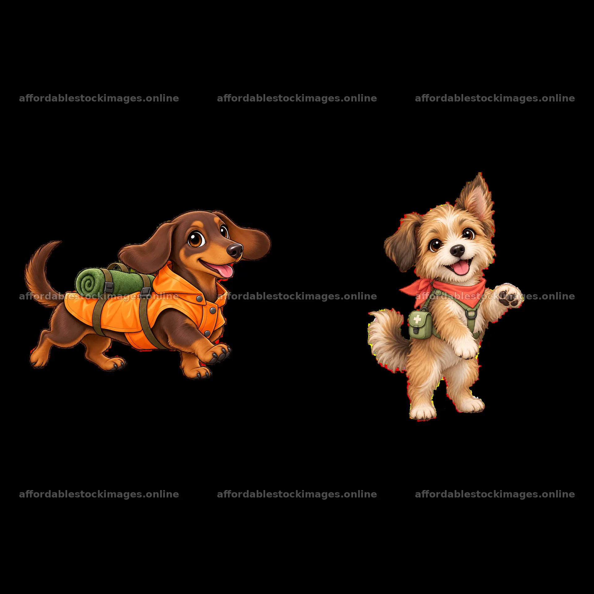 Two cute K-9 dogs ready for an adventure in colorful clothing – stock images 7746x7746