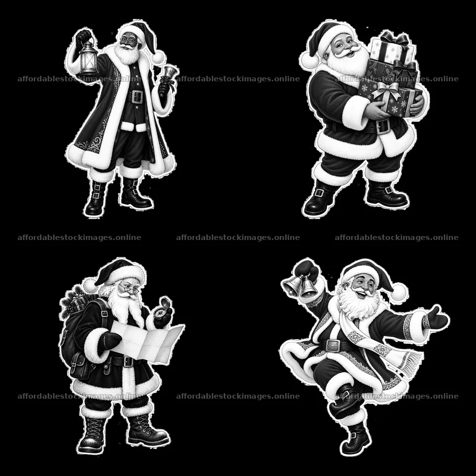 Santa Claus characters in various festive poses and activities – stock images 7746x7746