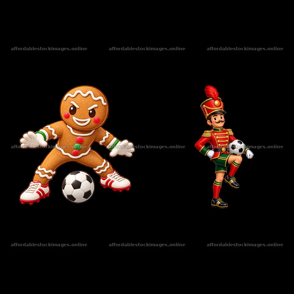 Gingerbread man and toy soldier playing soccer together – stock images 7746x7746