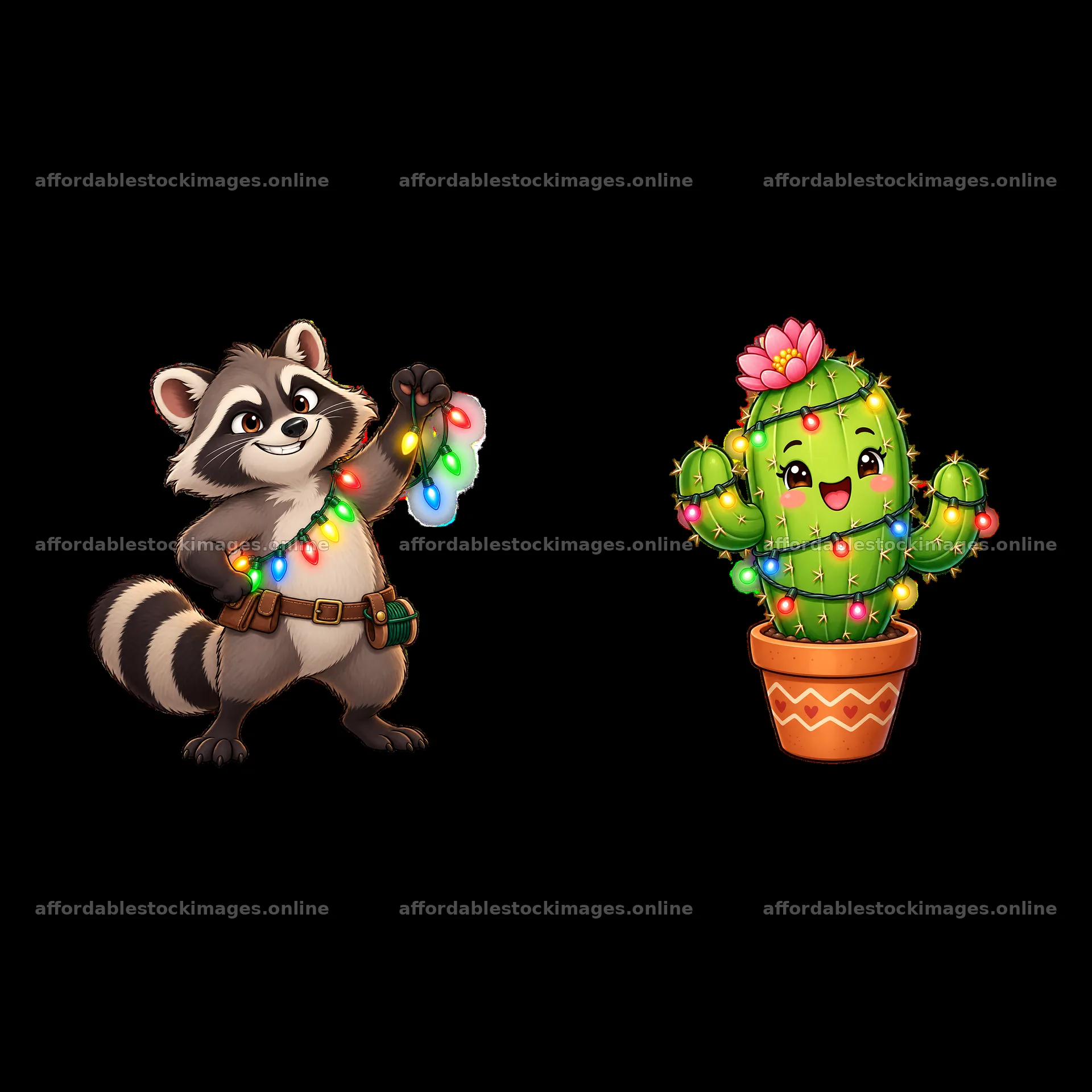 Raccoon holding string lights with happy cactus in pot – stock images 7746x7746