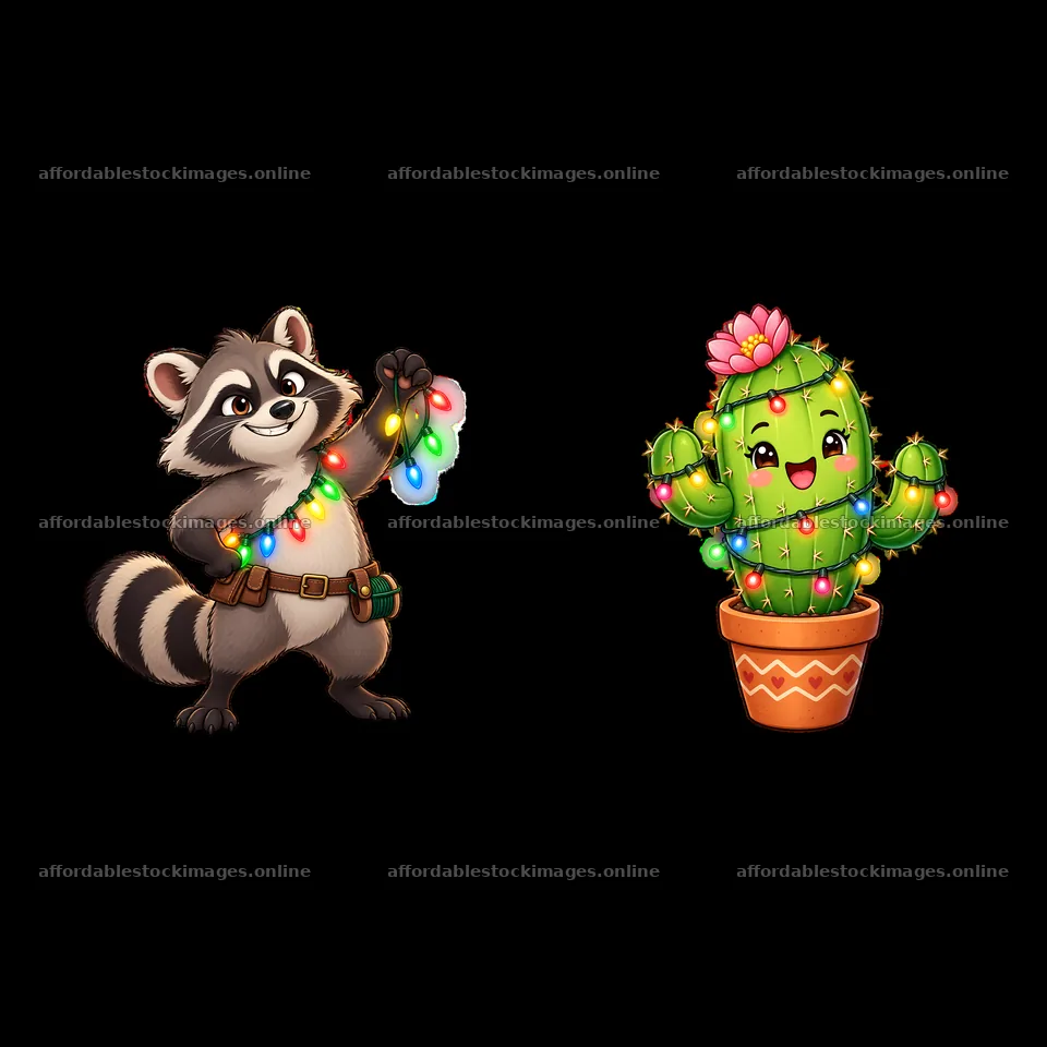 Raccoon holding string lights with happy cactus in pot – stock images 7746x7746