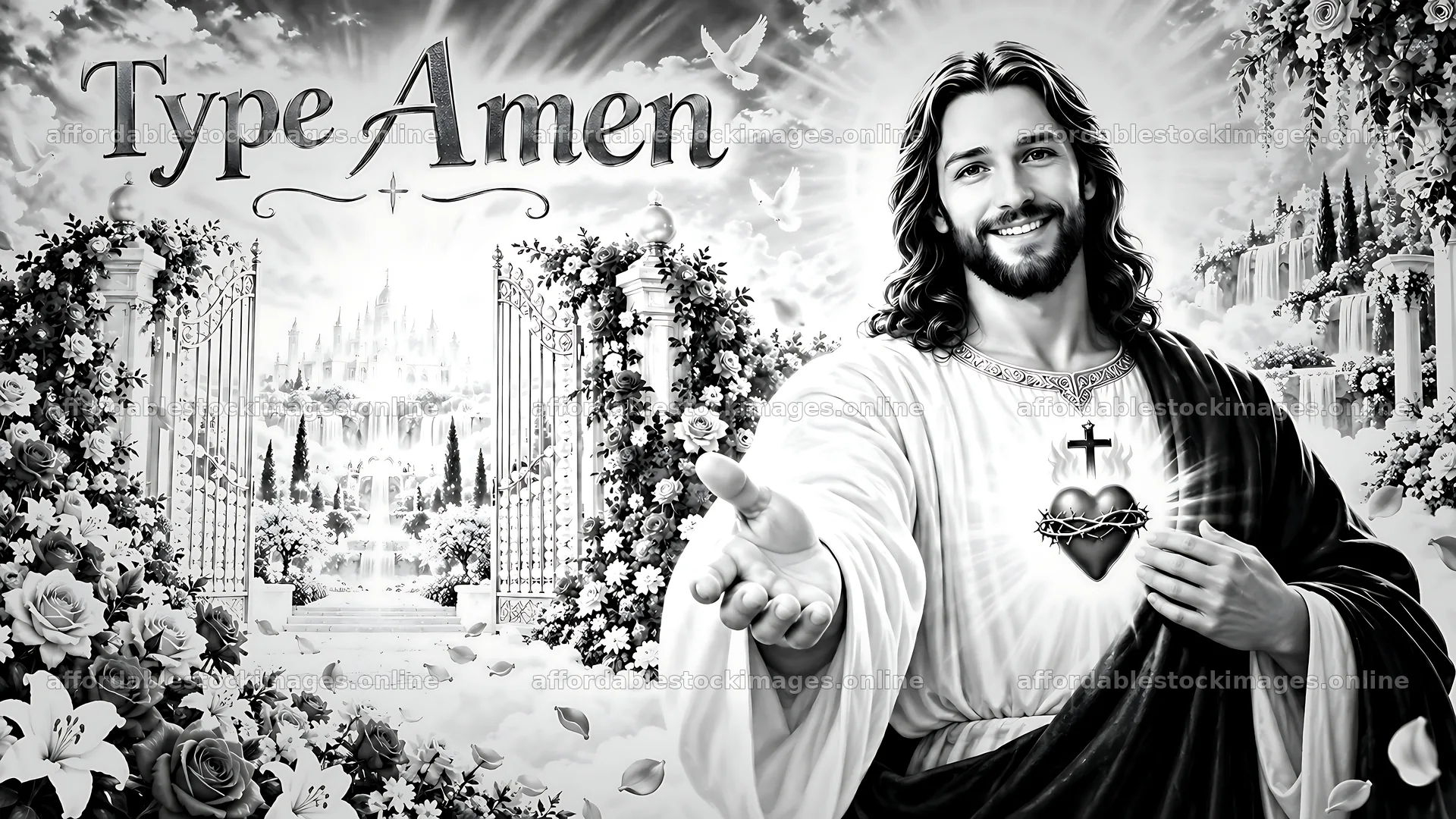 Art of Jesus extending his hand in a garden with flowers – stock images 10580x5954