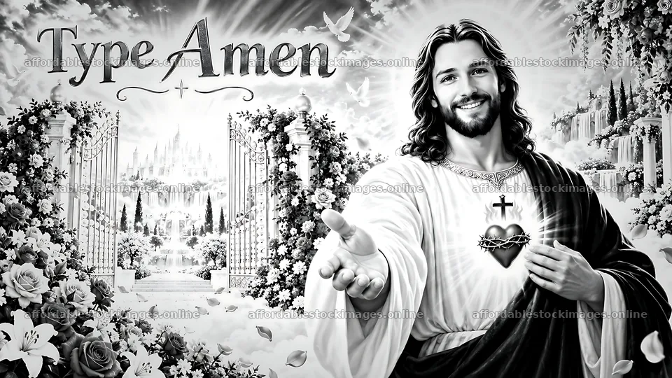 Art of Jesus extending his hand in a garden with flowers – stock images 10580x5954