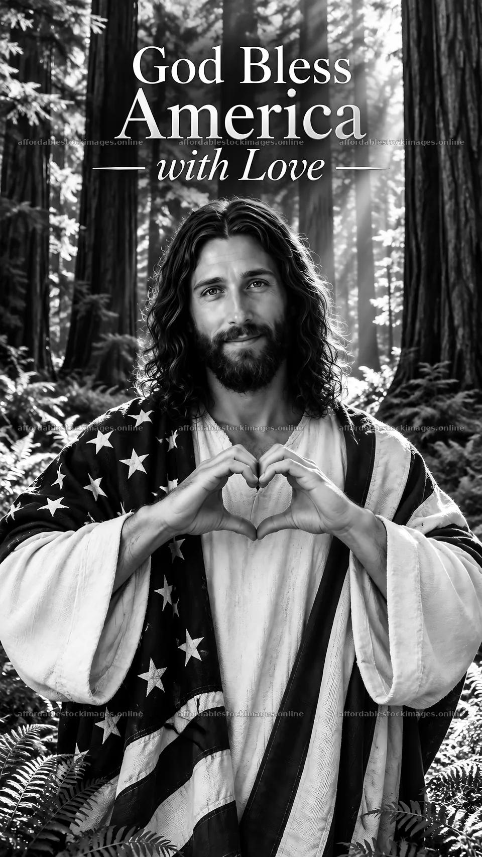 Jesus Christ expressing love with an American flag backdrop – stock images 5811x10326