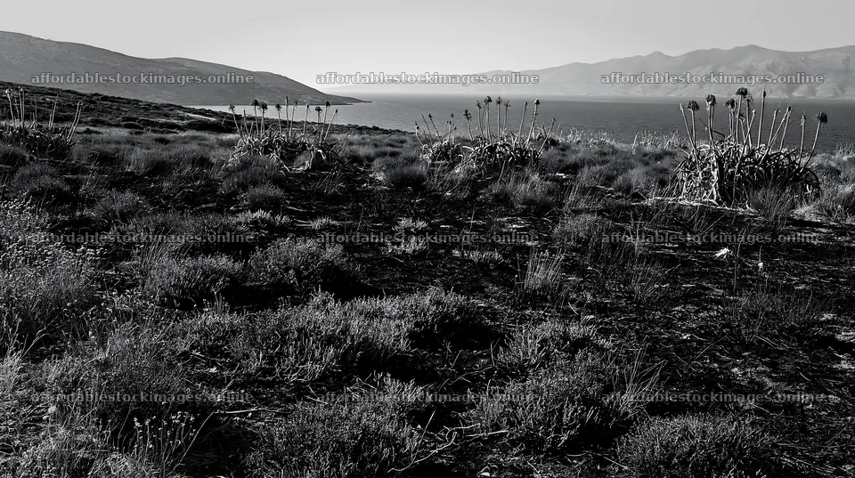 Drought-tolerant meadow near a lake with mountains in the – stock images 10608x5938