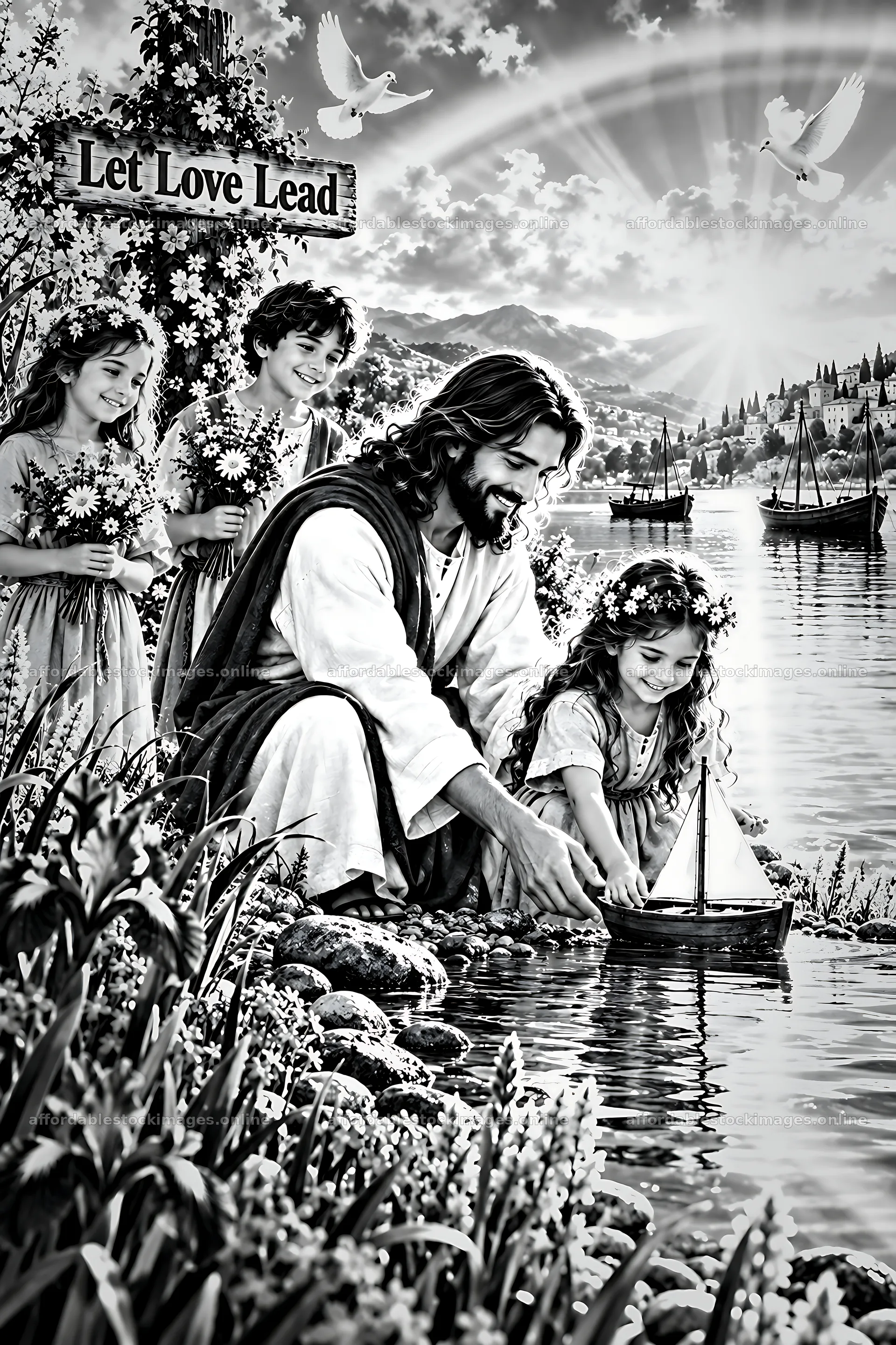 Peace beside the water with children and a boat – stock images 6480x9722