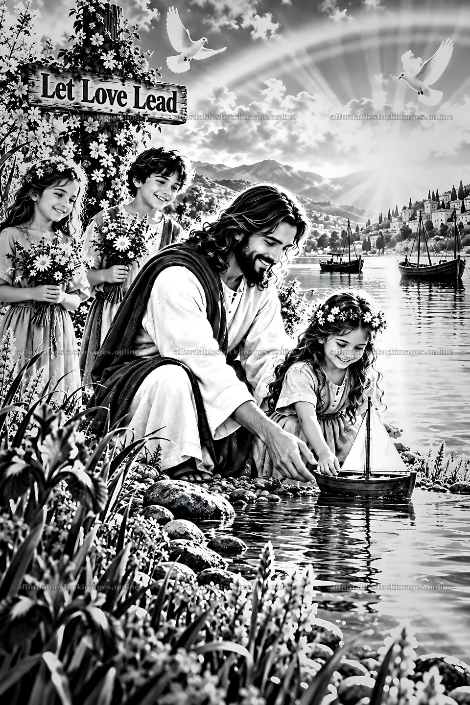 Peace beside the water with children and a boat – stock images 6480x9722
