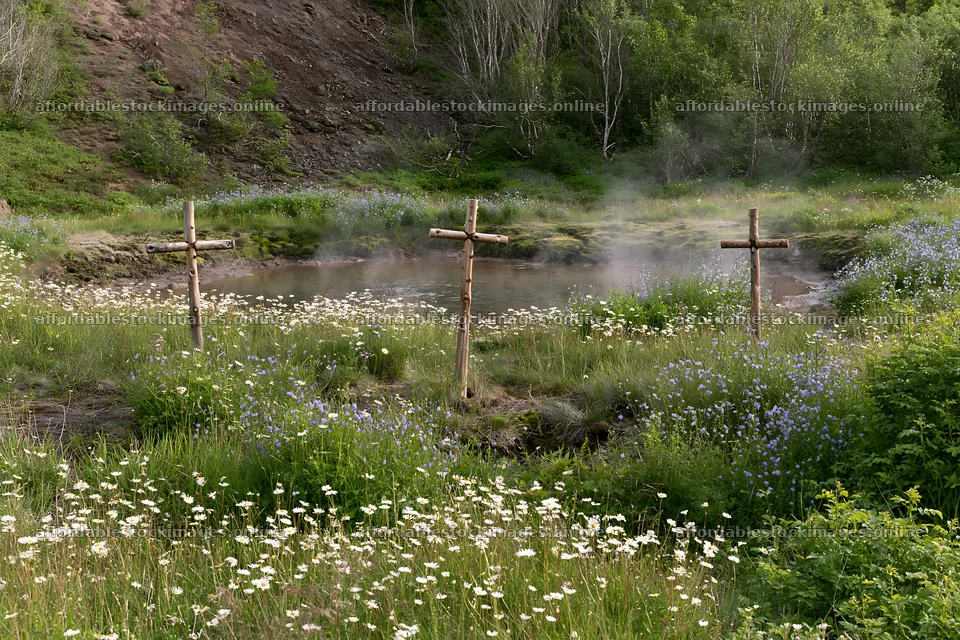 Christian crosses in geothermal spring meadow – stock images 9722x6480