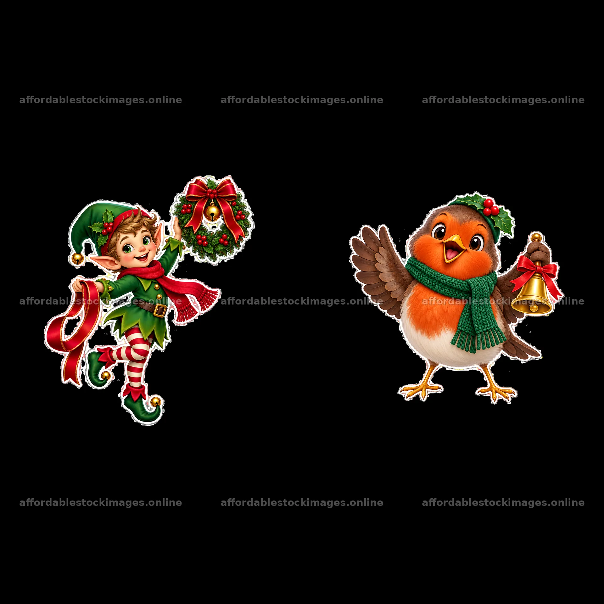 Christmas elf with wreath and bird holding a bell – stock images 7746x7746