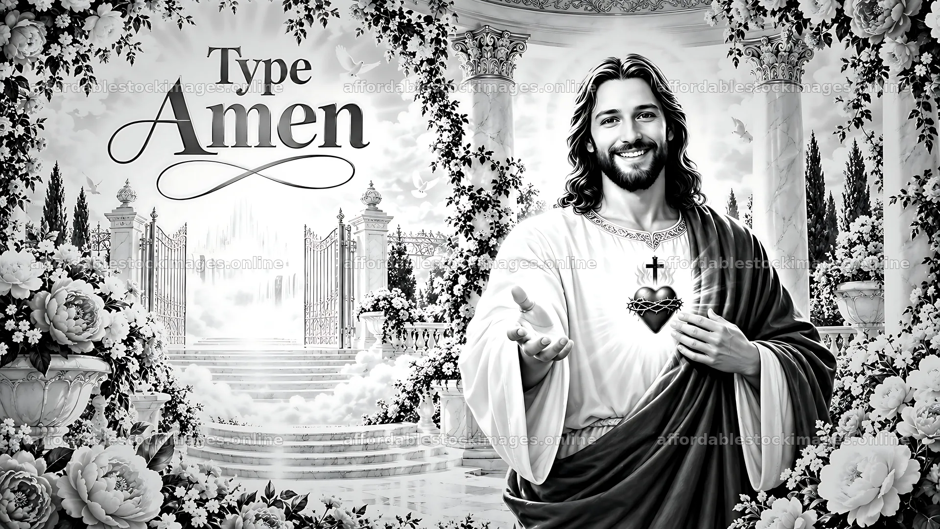 Jesus figure in floral setting with welcoming gesture – stock images 10580x5954