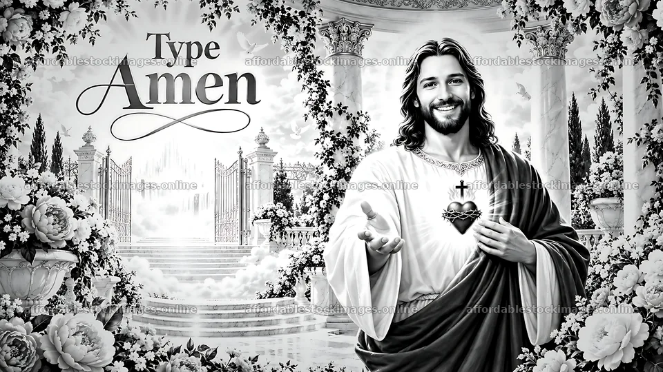 Jesus figure in floral setting with welcoming gesture – stock images 10580x5954
