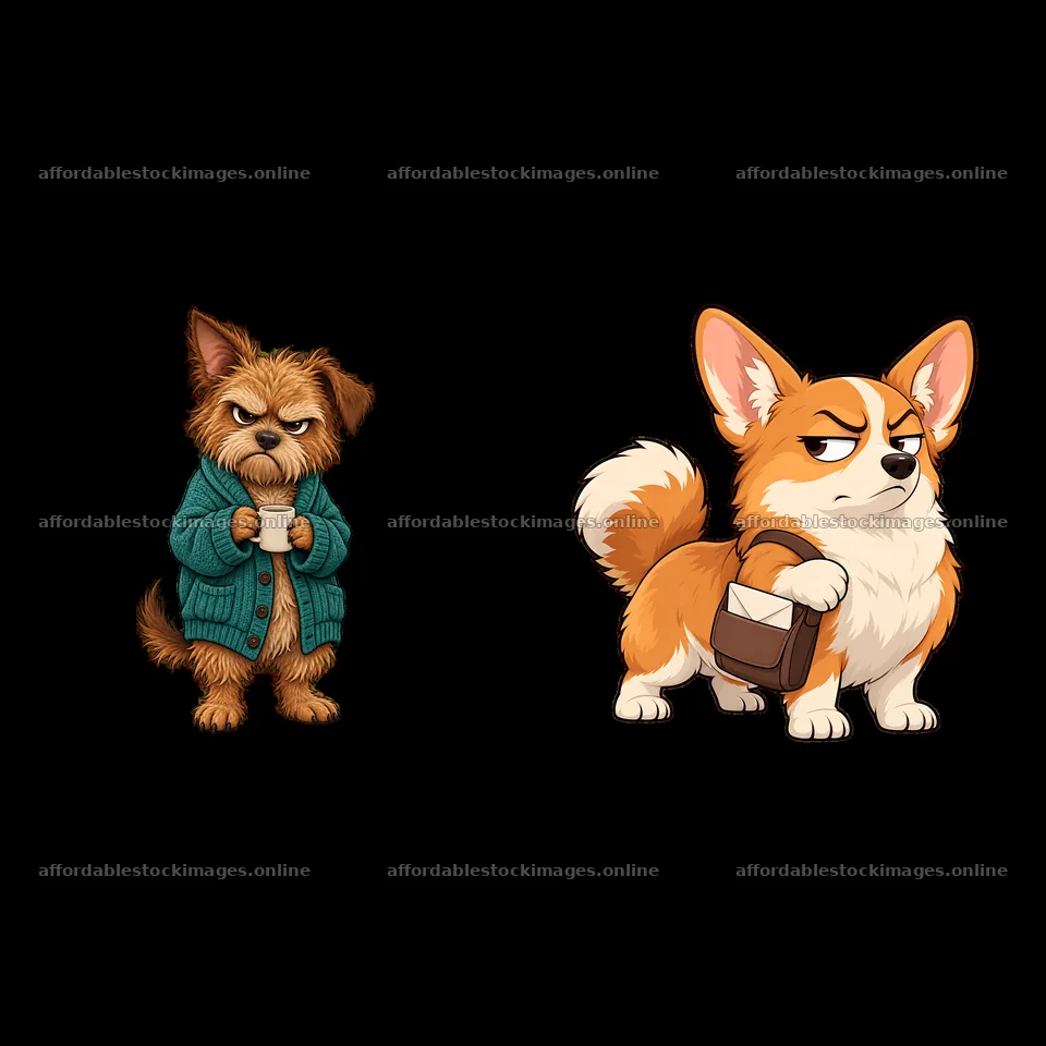 Grumpy dog duo with coffee mugs in casual outfits – stock images 7746x7746