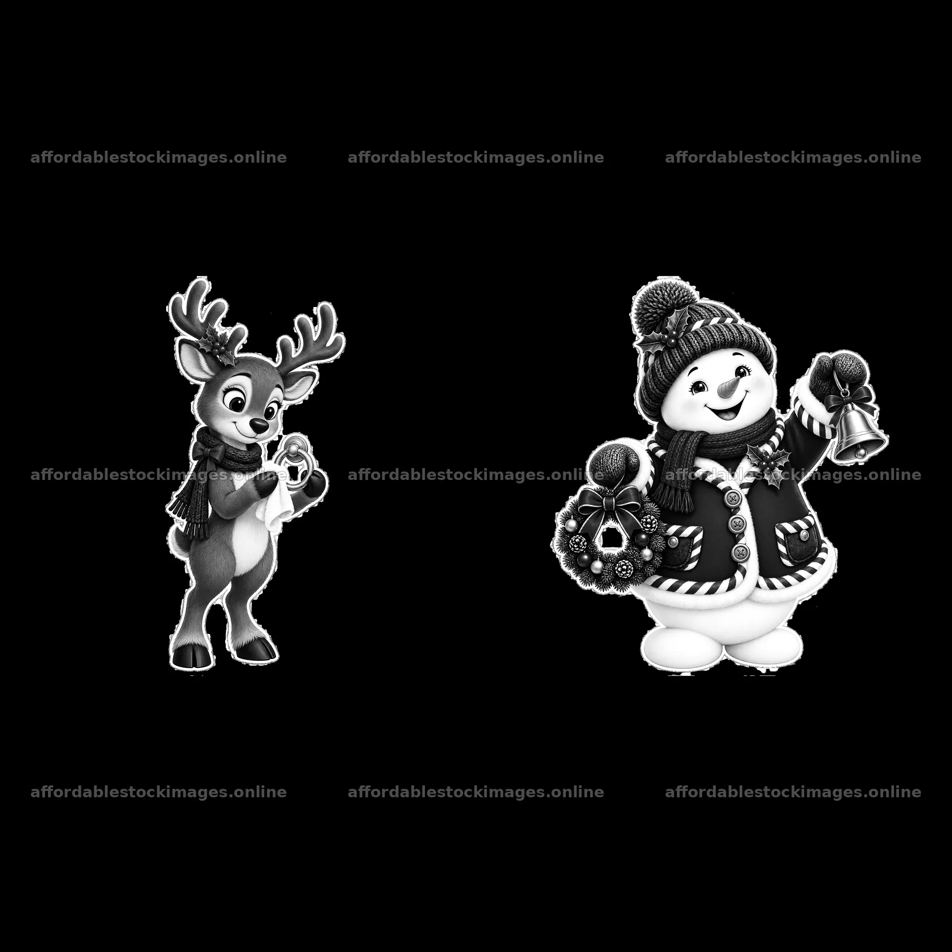 Reindeer holding candy cane stands beside snowman with bell – stock images 7746x7746