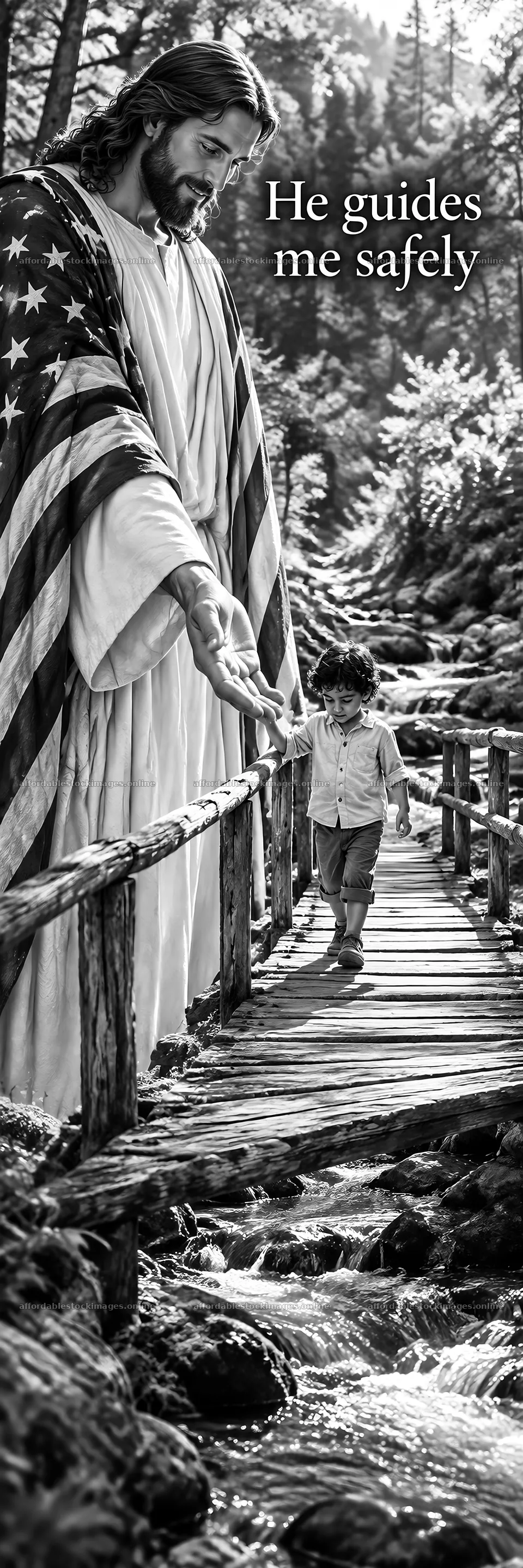 Jesus Christ guides a child across a wooden bridge – stock images 4472x13417