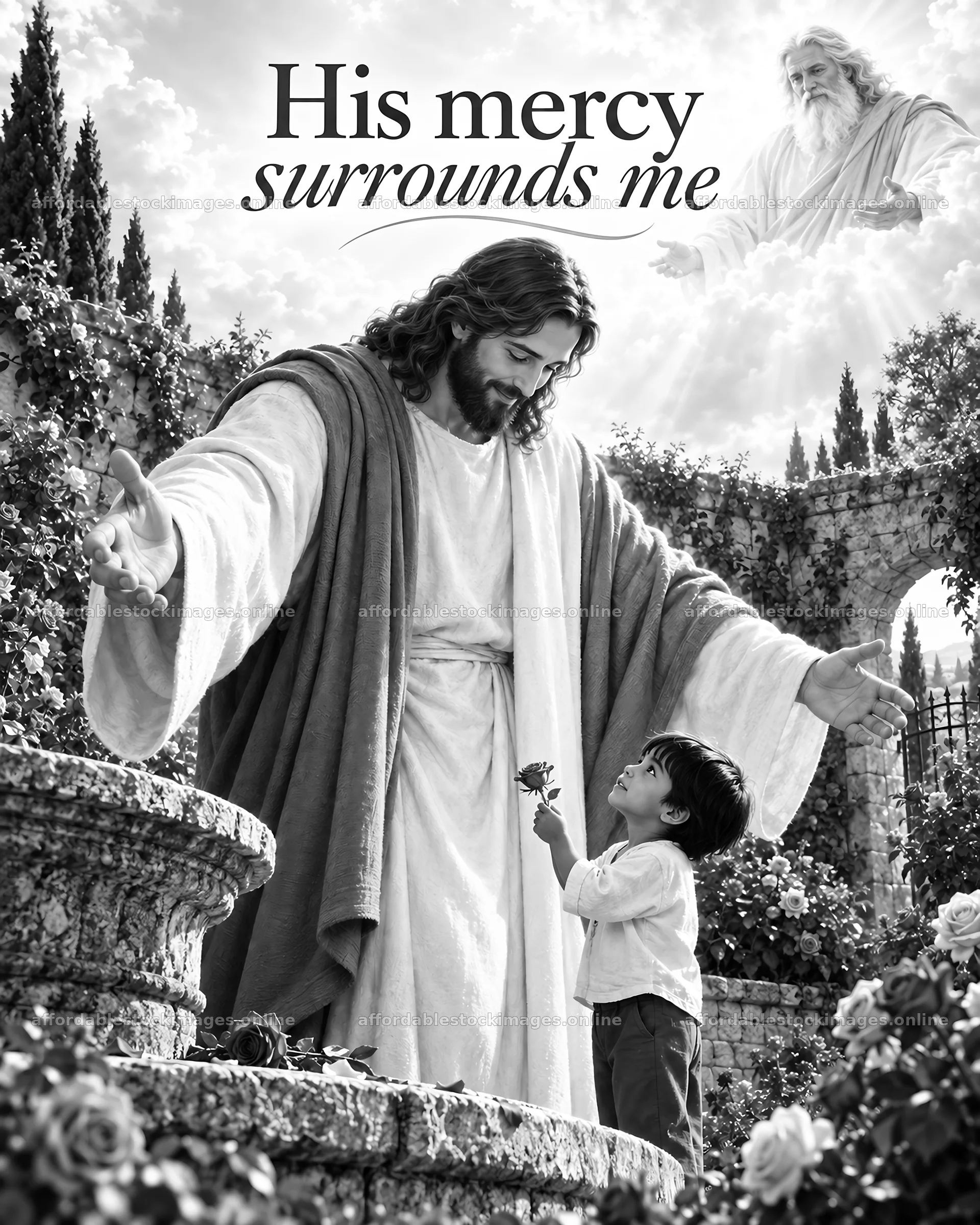 Jesus Christ welcomes a child with open arms in a garden – stock images 6930x8659