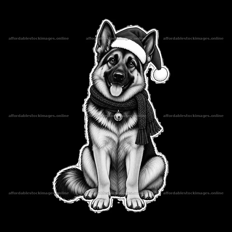 German Shepherd dog wearing Christmas hat and scarf – stock images 7746x7746