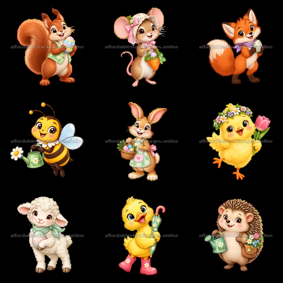 Easter animals in a meadow holding colorful eggs and flowers – stock images 7746x7746