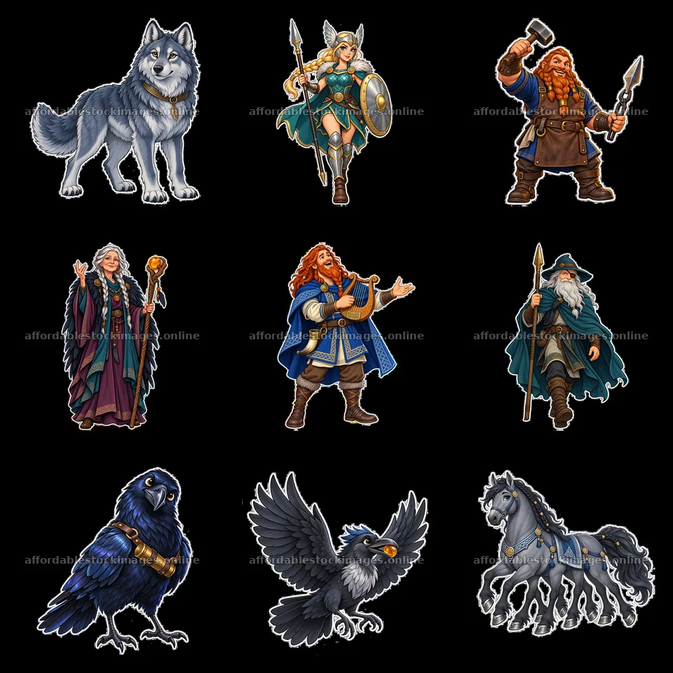 Norse mythology characters and creatures in a 3x3 grid layout – stock images 7746x7746