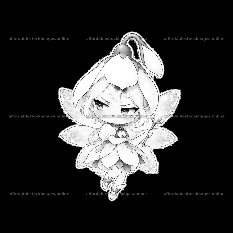 Kawaii grumpy fairy holding a wand with flower petal wings – stock images 7746x7746