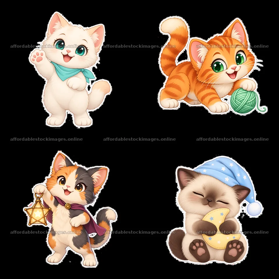 Four cute kawaii cats in a playful 2x2 arrangement – stock images 7746x7746