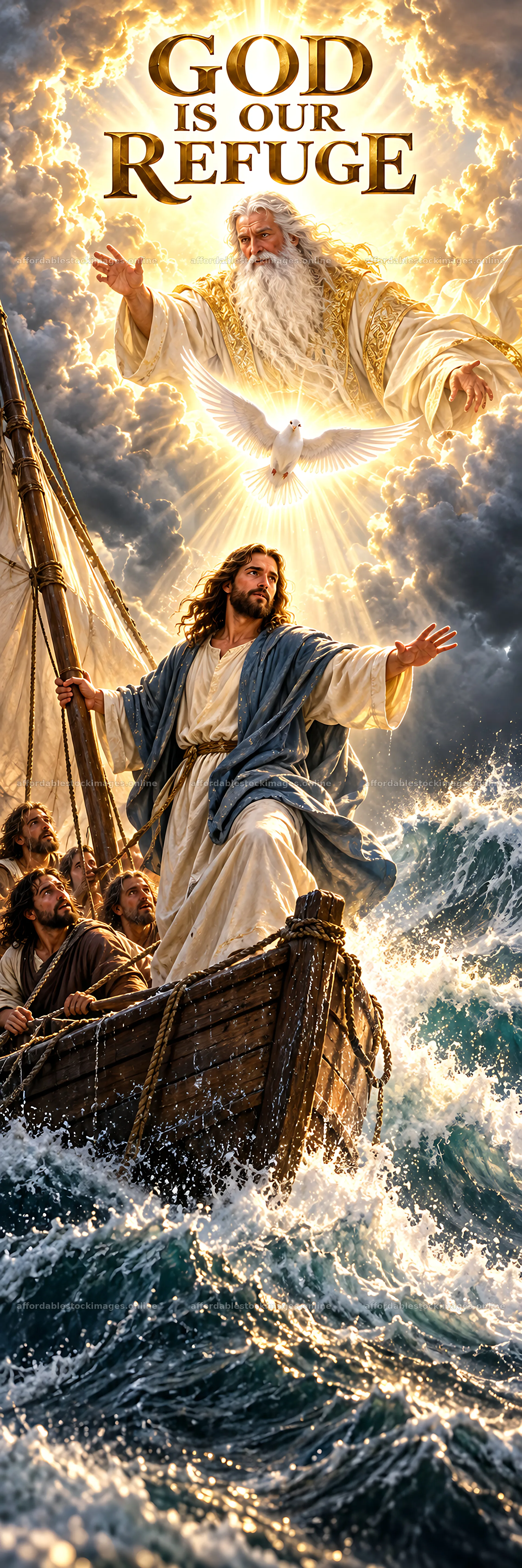 Jesus Christ calms the storm and brings hope to the disciples – stock images 4472x13417