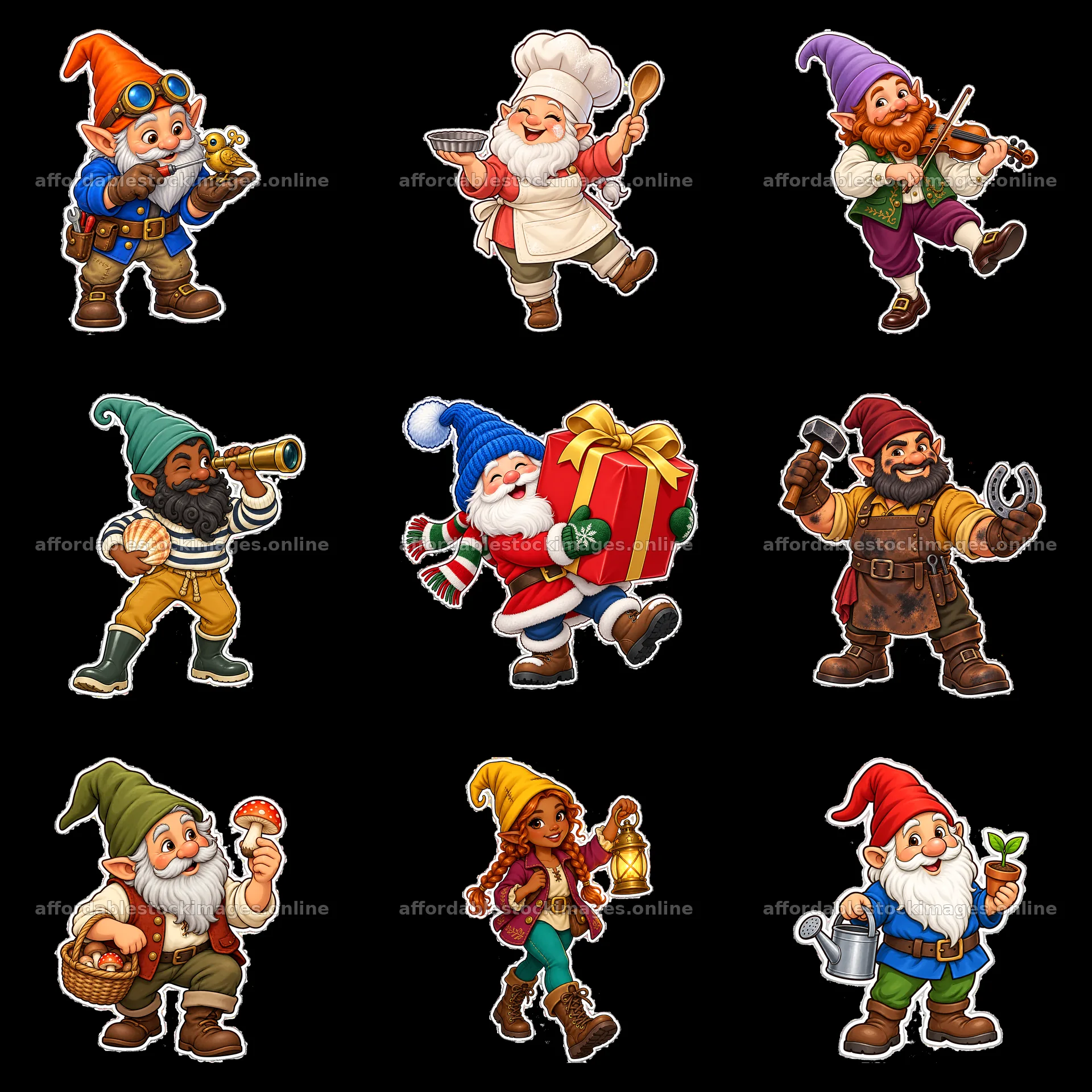 Gnomes in a 3x3 grid engaging in various festive activities – stock images 7746x7746