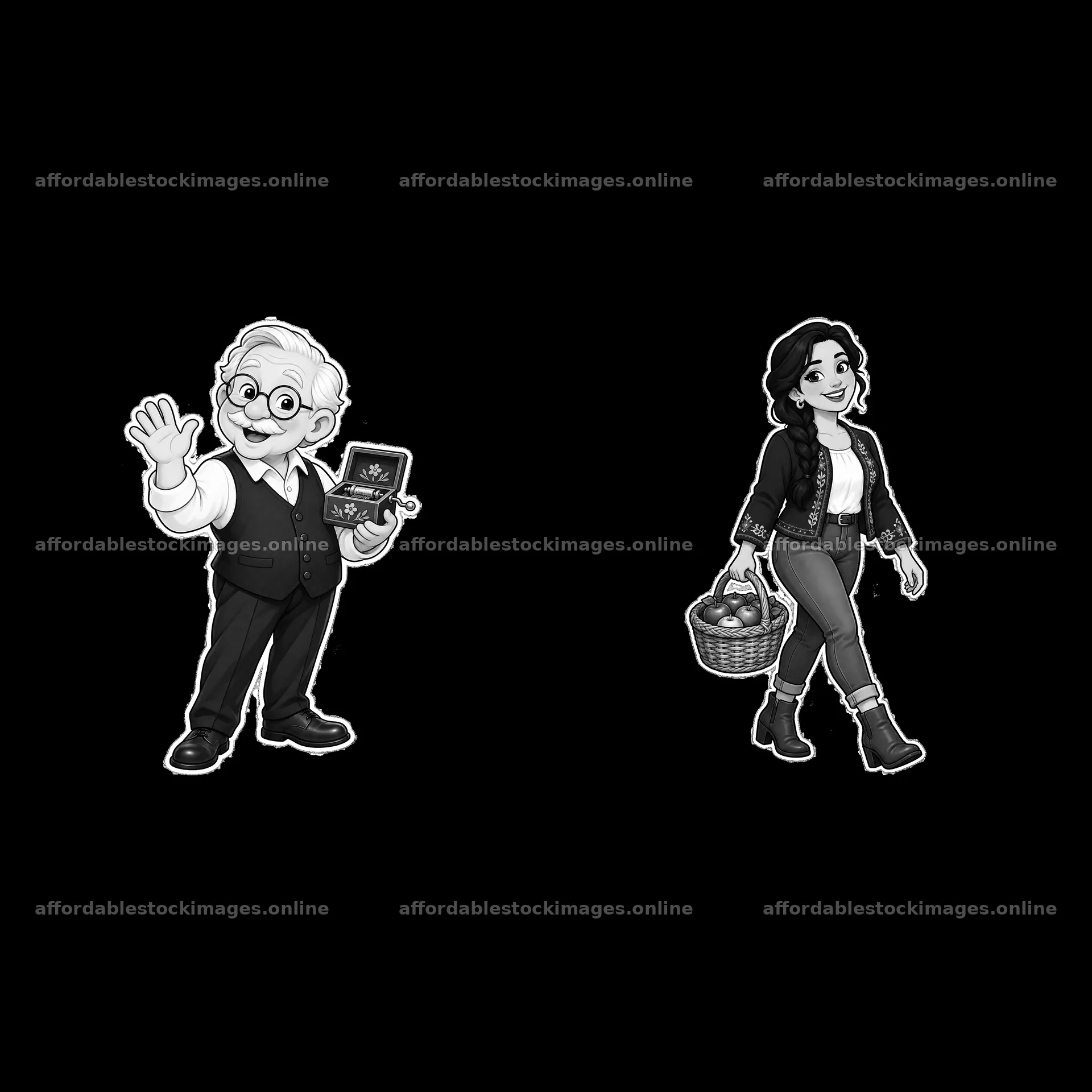Elderly man with a book and woman carrying a basket – stock images 7746x7746