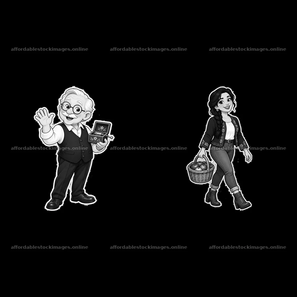 Elderly man with a book and woman carrying a basket – stock images 7746x7746