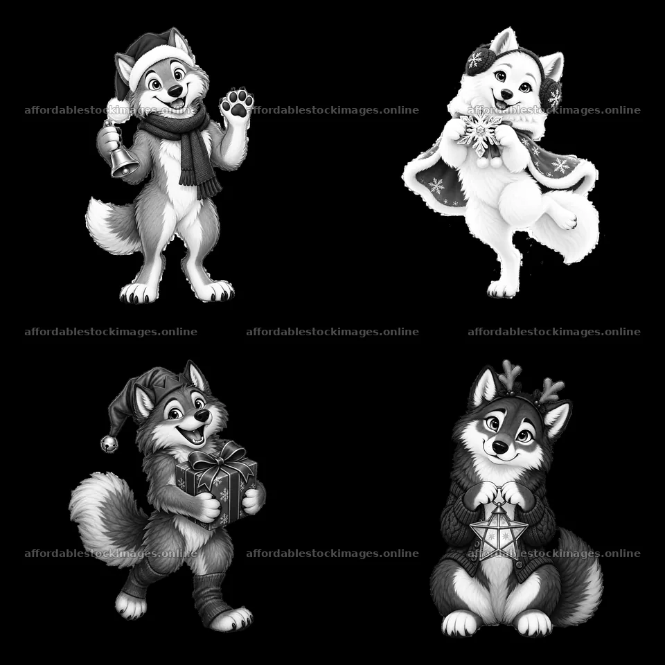 Christmas wolves celebrating with gifts and decorations – stock images 7746x7746